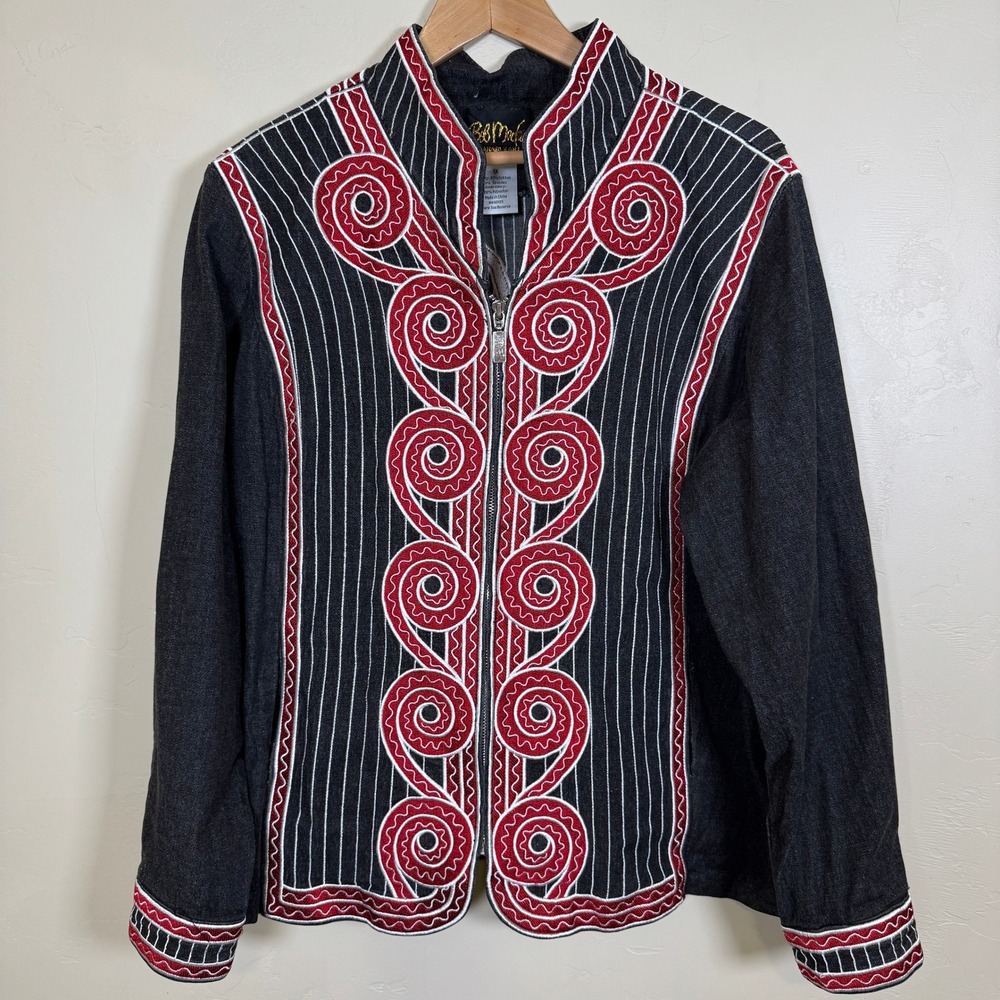 VTG Bob Mackie Denim Jacket Unisex 1X Black Red Wearable Art Embroidered Western